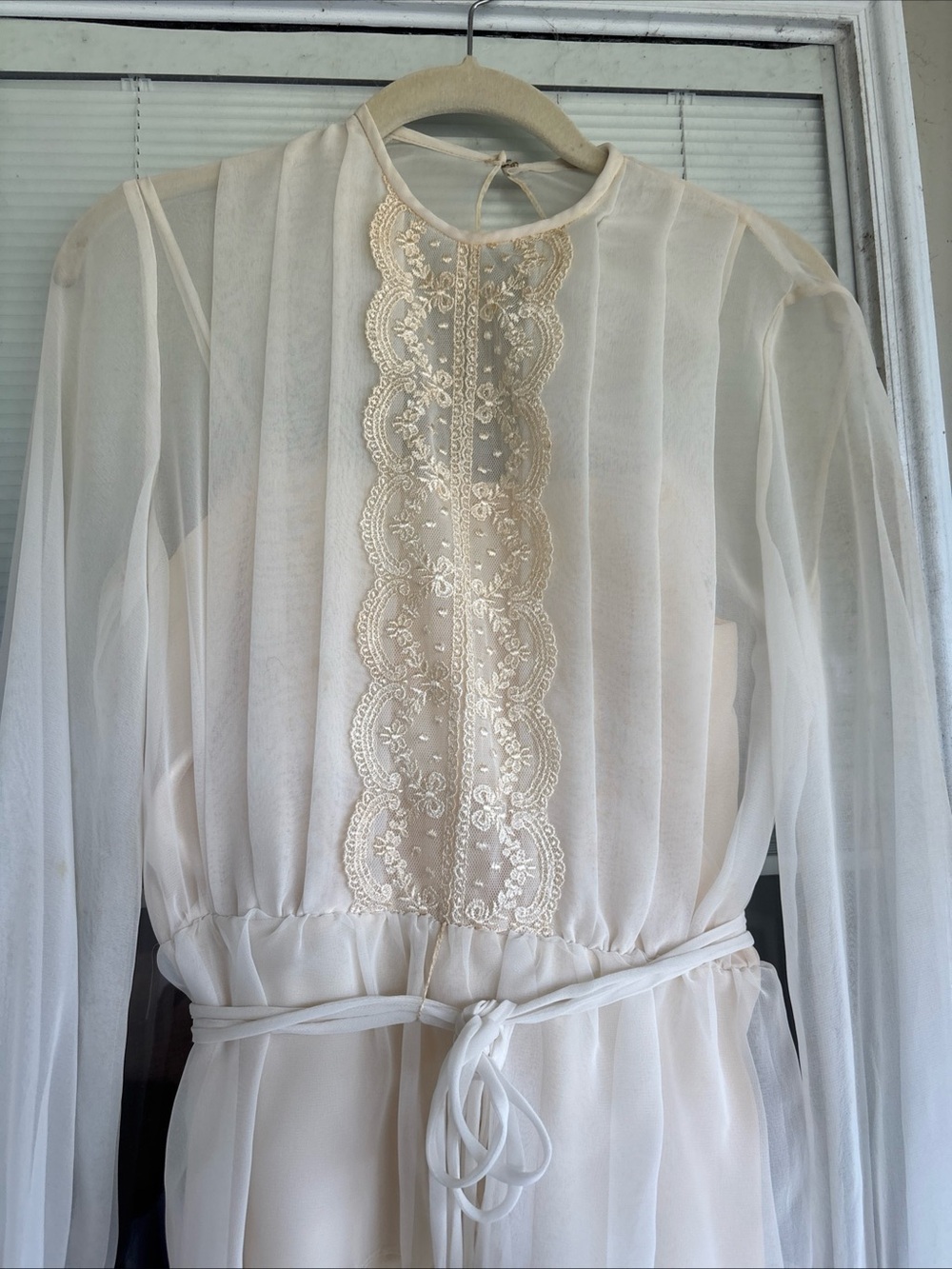 Sheer Lace-Trim Maxi Dress in Cream with Tie Waist Vintage 1970s - Picture 3 of 12